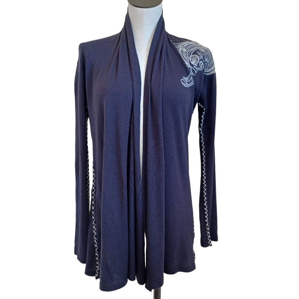 Enti Cardigan Sweater Wool Blend Blanket Stitch Open Front Womens size Small
